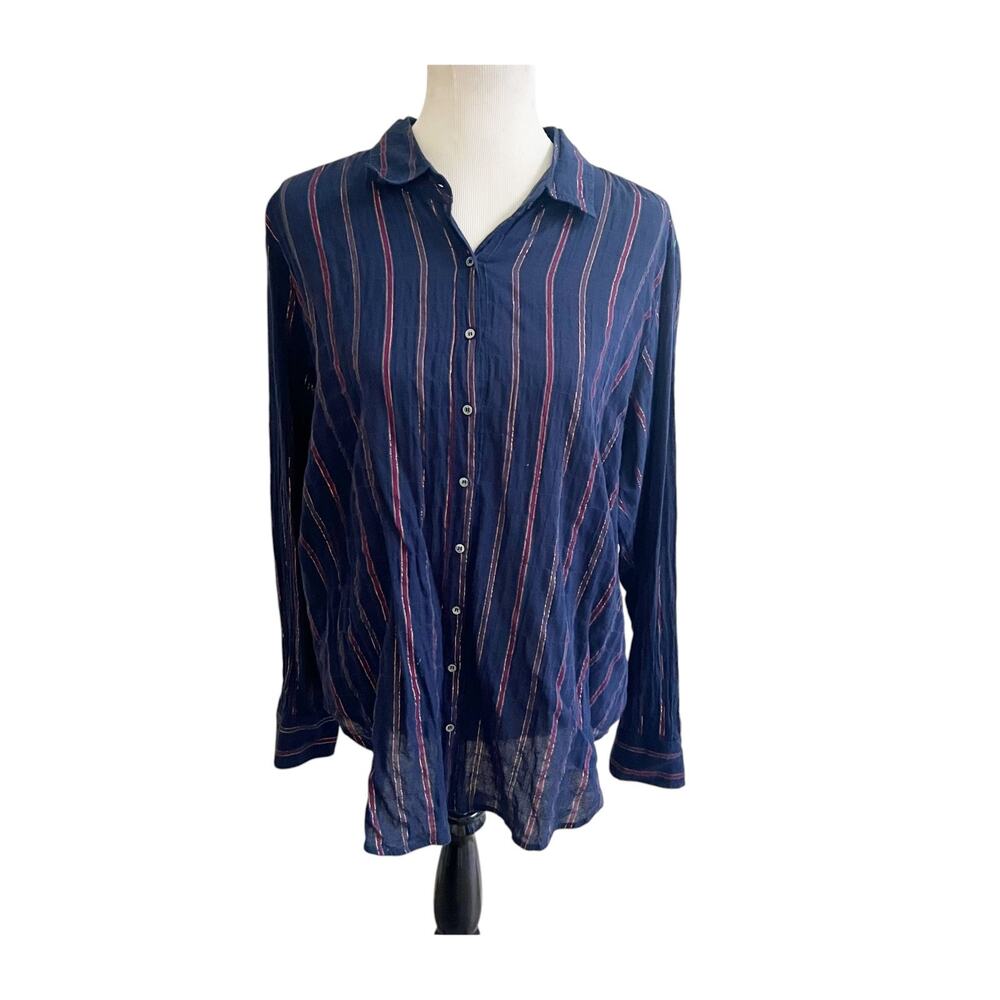 Xirena Button Up Shirt Women Large Blue Night Spark Beau Striped Elegant Elegant